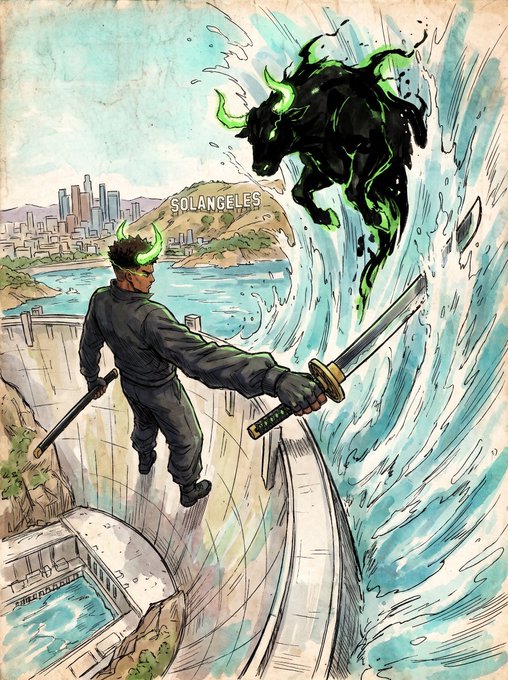 A swordsman with green-tipped horns confronts a monstrous horned creature erupting from ocean waves beside the Hollywood sign, reimagined to read "SOLANGELES" in the distance. The vibrant illustration evokes a mythic battle between a warrior and sea beast, tying into the "SOLANGELES x $ANSEM // 14" art collection's fusion of LA iconography with fantasy elements.