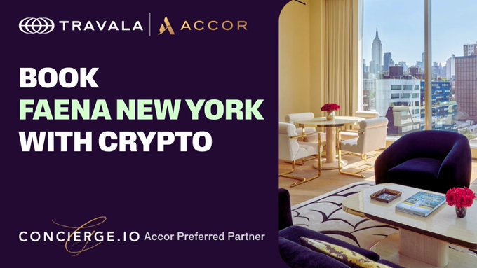 A promotional advertisement for Travala and Accor offering to 'BOOK FAENA NEW YORK WITH CRYPTO', featuring Concierge.io as an Accor Preferred Partner alongside an image of an upscale hotel suite overlooking a city skyline.