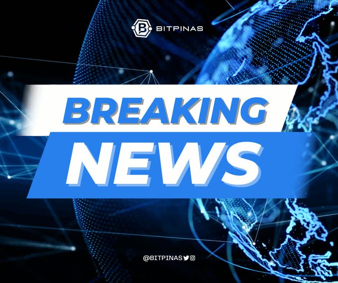 A 'Breaking News' graphic from BitPinas (@BITPINAS) featuring a digital globe background.