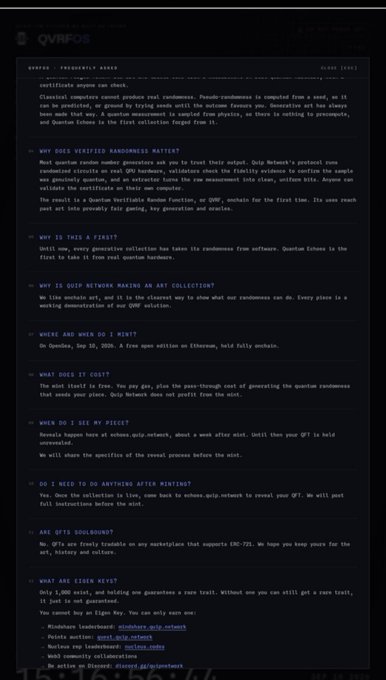 A dark-themed article titled 'QVRPOS: FRIENDLYLY AGREE' discussing quantum randomness, with FAQ sections about QVR Verified Randomness, Quark Echos, QVR's network, mint date (Sep 18, 2024), price (free), and QVPN mint.