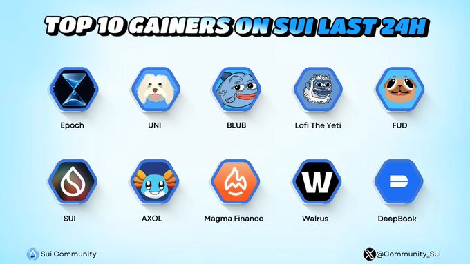 Graphic titled 'TOP 10 GAINERS ON SUI LAST 24H' by Sui Community, listing Epoch, UNI, BLUB, Lofi The Yeti, FUD, SUI, AXOL, Magma Finance, Walrus, and DeepBook.