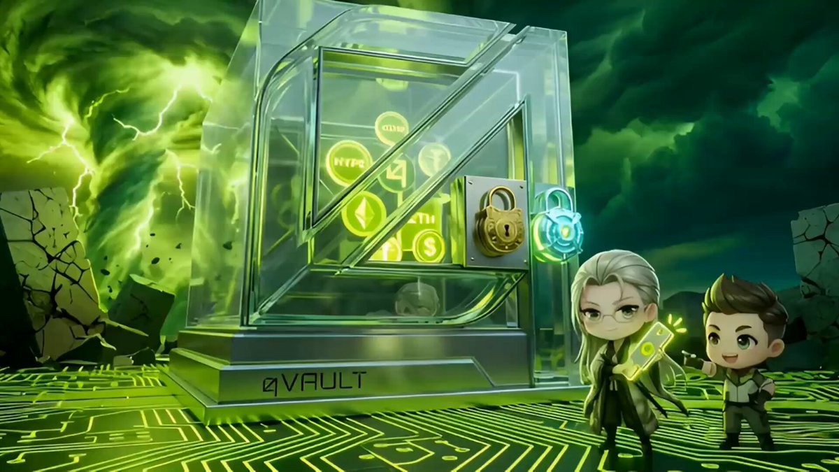 The image features a cartoon scene of two people standing next to a glass vault that has a greenish hue. The vault contains various symbols and icons related to cryptocurrency, such as Bitcoin and Ethereum. In the background, there are some text elements that read "I just saw the update from @qlabsofficial" and "with BNB Chain announcing its post-quantum roadmap", suggesting an ongoing discussion or development in the world of cryptocurrency. The image also includes a small cartoon character with a backpack, possibly representing someone who is interested in or involved in cryptocurrency.