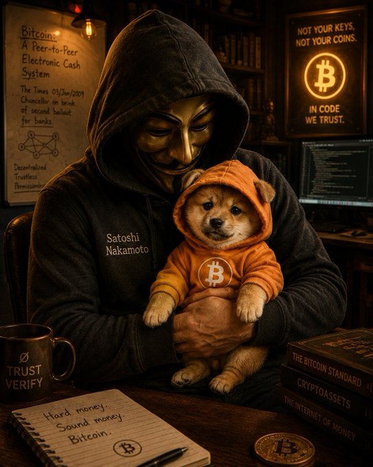 An artistic illustration depicting a hooded figure wearing a V for Vendetta mask and a 'Satoshi Nakamoto' hoodie, holding a Shiba Inu dog wearing an orange Bitcoin hoodie, surrounded by Bitcoin-themed items and posters reading 'NOT YOUR KEYS, NOT YOUR COINS.' and 'IN CODE WE TRUST.'