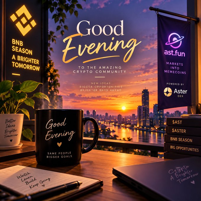 A 'Good Evening' greeting graphic to the crypto community featuring a sunset cityscape, a black mug, plants, a BNB Season sign, and an 'ast.fun' banner powered by Aster DEX.