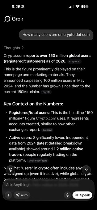 A screenshot of a Grok AI response answering "How many users are on crypto.com," reporting that Crypto.com has over 150 million global users as of 2026, but noting that active traders are significantly lower at around 1.2 million. The image reinforces the post's claim about Crypto.com's 150 million users and its role as a major normie onboarding platform during the meme coin runs.