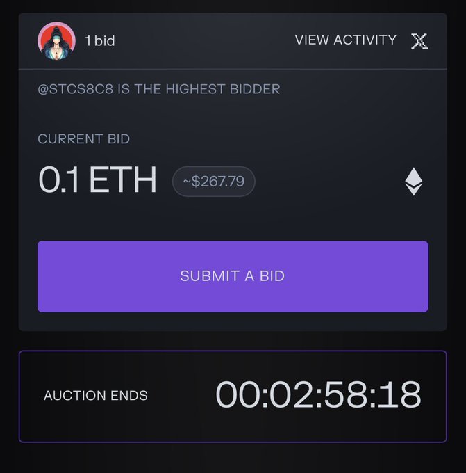 Screenshot of an NFT auction showing @STCS8C8 as the highest bidder with a current bid of 0.1 ETH (~$267.79) and 2 hours, 58 minutes, 18 seconds remaining.