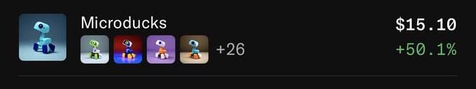 App store listing for 'Microducks' showing a price of $15.10 with a +50.1% increase, featuring small duck-themed robot character icons.