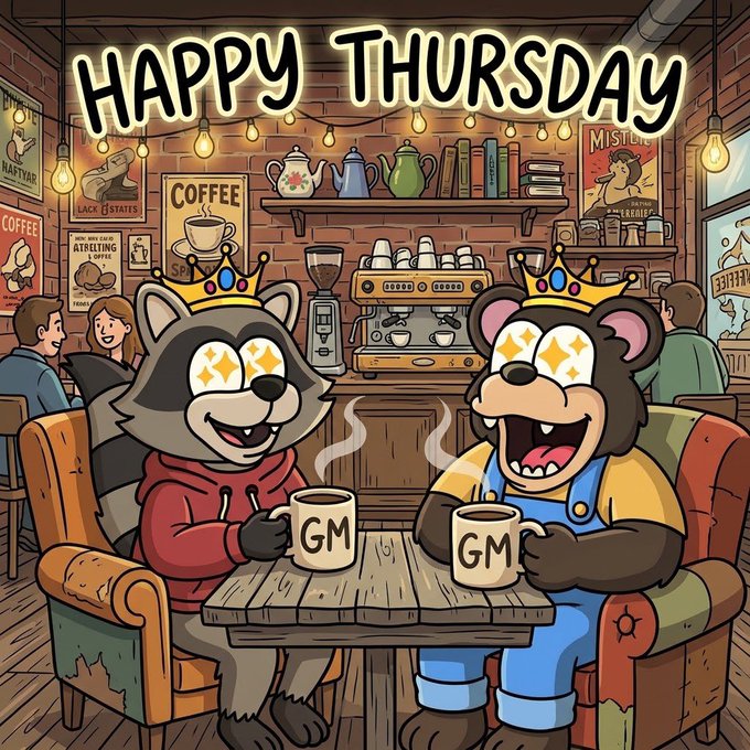 A cartoon illustration with the text 'HAPPY THURSDAY' showing two animal characters (a raccoon and a bear) wearing crowns and holding 'GM' coffee mugs in a cozy café setting.