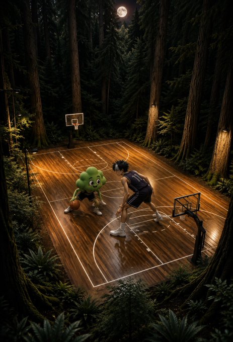 Surreal nighttime scene of a basketball game on a wooden court in a forest clearing, featuring a green cartoon-like character playing against a person in a black jersey and face mask, illuminated by a full moon.