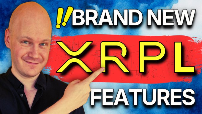 The image is a YouTube thumbnail featuring a smiling bald man pointing toward bold text that reads "!!BRAND NEW" and "XRPL FEATURES" against a red brushstroke banner on a blue background. The thumbnail directly relates to the post, promoting an informative video about new features coming to the XRP Ledger, including batch transactions.