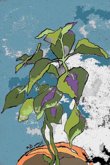 A stylized digital illustration depicts a leafy green and purple plant growing from an orange pot against a textured blue and white background.
