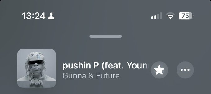 A screenshot of an iPhone Control Center music widget playing "pushin P (feat. Youn... Gunna & Future," with the time showing 13:24 and battery at 75%, tying into a post about the "P" token's launchpad lore and identity via the contract address 0xfa9cee6881e6be5f3bd9a3520fa3bb5fe49d763d.