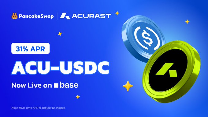 A promotional banner for PancakeSwap and Acurast announcing a new ACU-USDC liquidity pool offering 31% APR, now live on the Base network. The image features the PancakeSwap rabbit logo and Acurast branding alongside 3D coin graphics, directly supporting the post's call to action for users to add liquidity to this decentralized compute-powered yield pool.