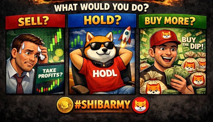 The image is a "What Would You Do?" meme featuring three panels with a stressed man labeled "SELL? Take Profits?", a cool Shiba Inu dog in sunglasses labeled "HOLD HODL", and an excited man with money bags labeled "BUY MORE? Buy the Dip!", all branded with "#SHIBARMY" at the bottom, directly illustrating the three choices presented in the post about whether to sell, hold, or buy more $SHIB after a hypothetical 500% pump.