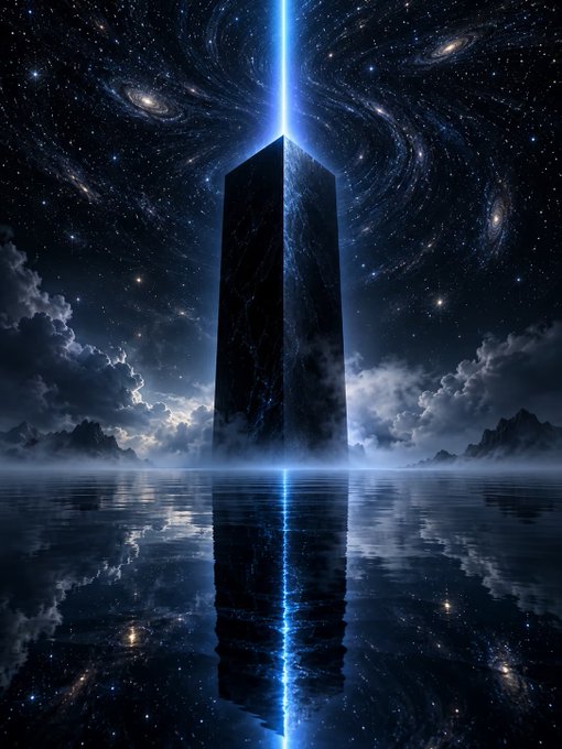 A digital artwork depicting a tall, dark monolith standing in a reflective body of water under a swirling galaxy-filled night sky, with a bright blue beam of light shooting vertically from its peak.