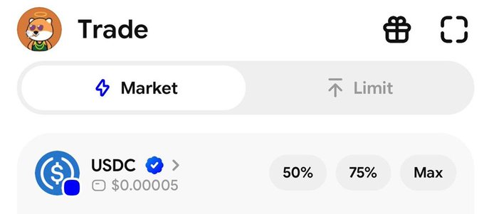 A cryptocurrency trading interface titled 'Trade' with a Shiba Inu doge avatar, showing 'Market' and 'Limit' options with USDC selected at $0.00005 and percentage buttons (50%, 75%, Max).
