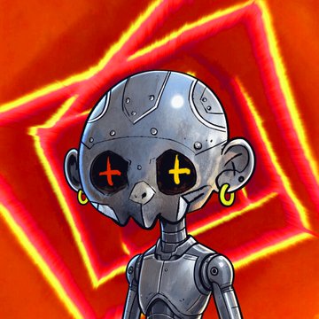 An illustration of a grey metallic robot character with X-shaped eyes, yellow ear rings, standing against a red and yellow geometric background.
