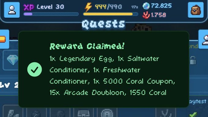A screenshot from a video game showing a 'Reward Claimed!' notification with a green checkmark, listing items: '1x Legendary Egg, 1x Saltwater Conditioner, 1x Freshwater Conditioner, 1x 5000 Coral Coupon, 15x Arcade Doubloon, 1550 Coral' over a Quests menu.