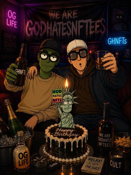 An AI-generated image showing a Pepe the Frog character and a human character celebrating with a birthday cake, surrounded by bottles labeled 'WE ARE GODHATES NFTEES', 'OG LIFE', and 'CULT', along with neon signs.
