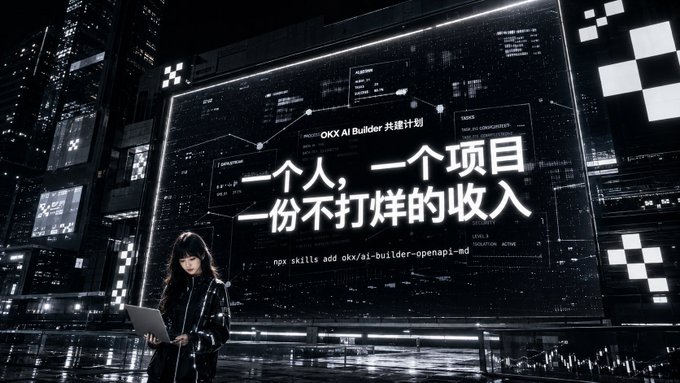 A promotional advertisement for the OKX AI Builder Co-building Program (OKX AI Builder 共建计划) featuring a futuristic cyberpunk aesthetic with Chinese text '一个人，一个项目，一份不打烊的收入' (One person, one project, non-stop income).