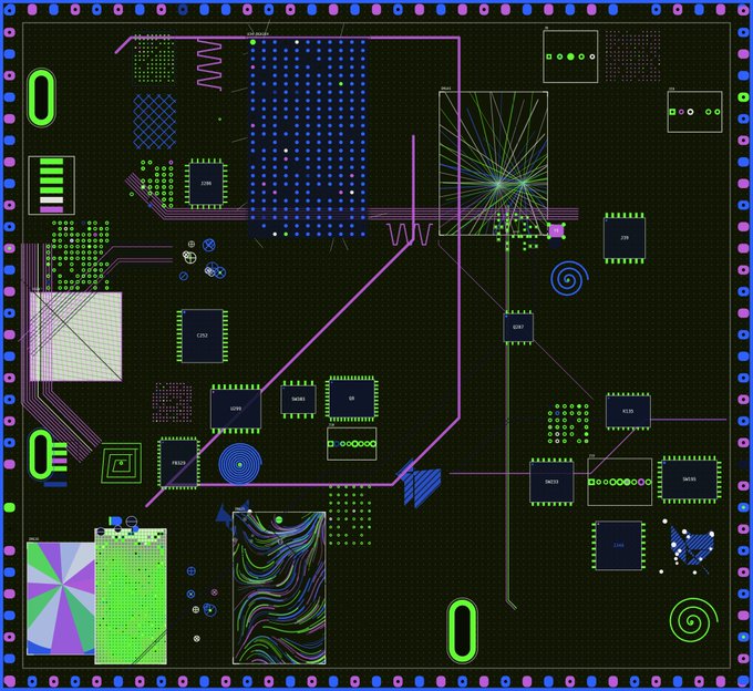 A vibrant generative digital artwork featuring neon pink, green, and blue geometric patterns, spirals, grids, and pixelated chips on a black background, accompanied by the text "Happy Tez Tues friends!" announcing a new generative piece minted on TeiaArt at teia.art/objkt/883849, with the first five editions priced at 5xtz.