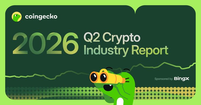This image advertises CoinGecko's 2026 Q2 Crypto Industry Report, showcasing a downward trend in the market with a cute gecko looking through binoculars. The report, sponsored by BingX, highlights 6 key takeaways from the quarter.