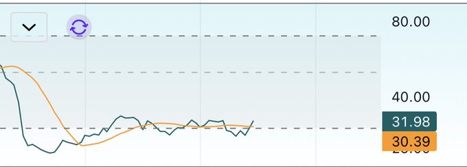 A line graph chart with two trend lines (teal and orange) showing values around 31.98 and 30.39 on the right axis, with gridlines at 40.00 and 80.00.