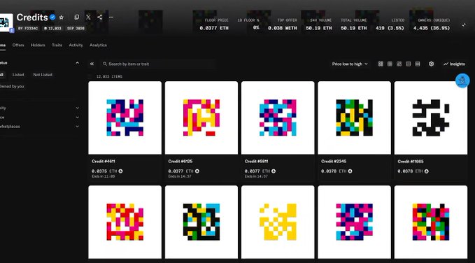 A screenshot of an NFT marketplace shows a grid of pixelated, multicolored 8-bit style art pieces listed with prices, with the top collection labeled 'Credits.'