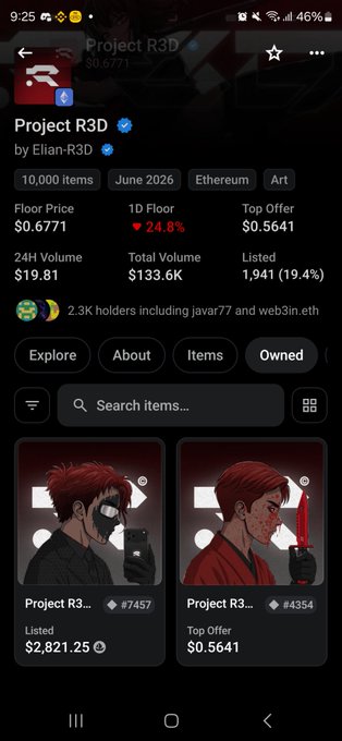 A screenshot of the Project R3D NFT collection by Elian-R3D on Ethereum shows the floor price collapsed to $0.6771 with a steep 24.8% drop in 1D, a top offer of just $0.5641, and only $19.81 in 24H volume—visually confirming the poster's lament about watching the floor fall from $12 to roughly $0.60.