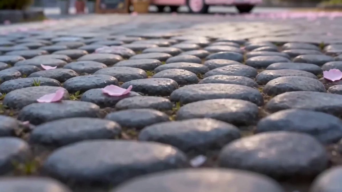 The image shows a close-up view of a sidewalk with numerous small rocks arranged in rows, creating an interesting pattern. There are also pink flowers scattered throughout the scene, adding a touch of color and beauty to the overall composition. The photo is taken from a low angle, making the rocks appear larger than they actually are. The background appears blurry, drawing attention to the details on the sidewalk and the flowers in the foreground.