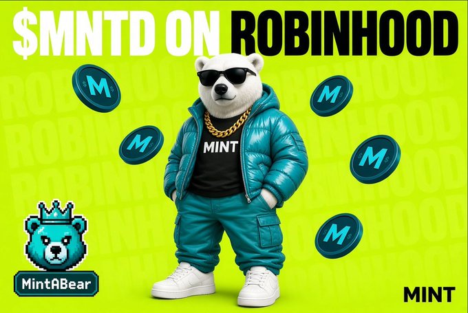 A "MintABear" promotional image showing an anthropomorphic white bear wearing a teal puffer jacket and sunglasses, advertising "$MNTD ON ROBINHOOD."