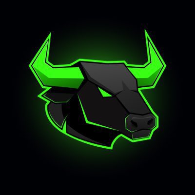 A stylized logo featuring a black bull's head with glowing green horns and outlines set against a dark background.