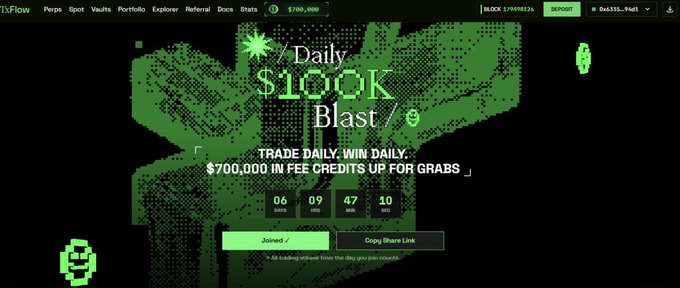 A screenshot of the DexFlow platform promoting a 'Daily $100K Blast' trading competition with $700,000 in fee credits and a countdown timer showing 6 days, 9 hours, 47 minutes, 10 seconds remaining.
