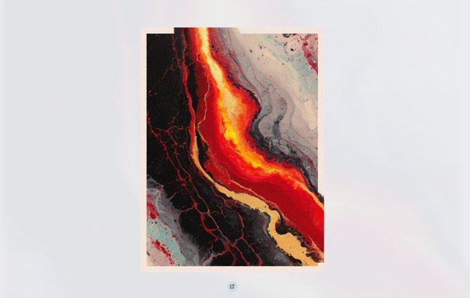 An abstract painting featuring flowing streams of red, orange, black, and gold that resemble lava or fire against a lighter background.