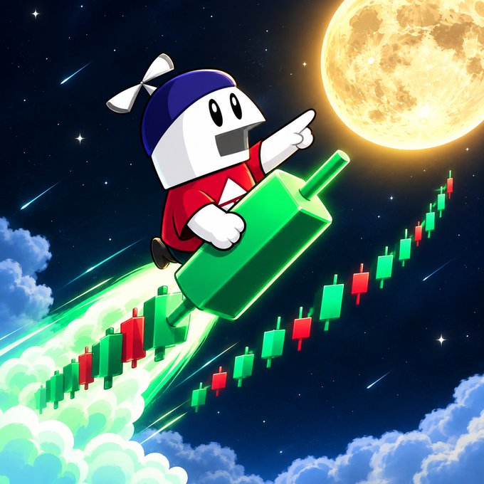A digital illustration of a cartoon character wearing a blue cap riding a green candlestick rocket through a starry sky toward a full moon, with a green and red candlestick chart trail.