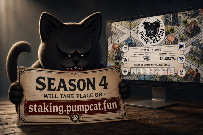 A black cartoon cat with fangs holds a sign reading "SEASON 4 WILL TAKE PLACE ON staking.pumpcat.fun" in front of a monitor displaying the "PumpCat.fun" game interface, which features "THE DAILY HUNT" stats showing 13,293% Released Tokens and a "Catch in Order to Unlock Yield" progress bar. The image visually reinforces the post's announcement by clearly directing players from the original pumpcat.fun platform to the new staking.pumpcat.fun domain for Season 4.