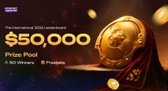 A promotional graphic showing the $50,000 prize pool for 'The International 2026 Leaderboard,' sponsored by Fragments, featuring a golden trophy.