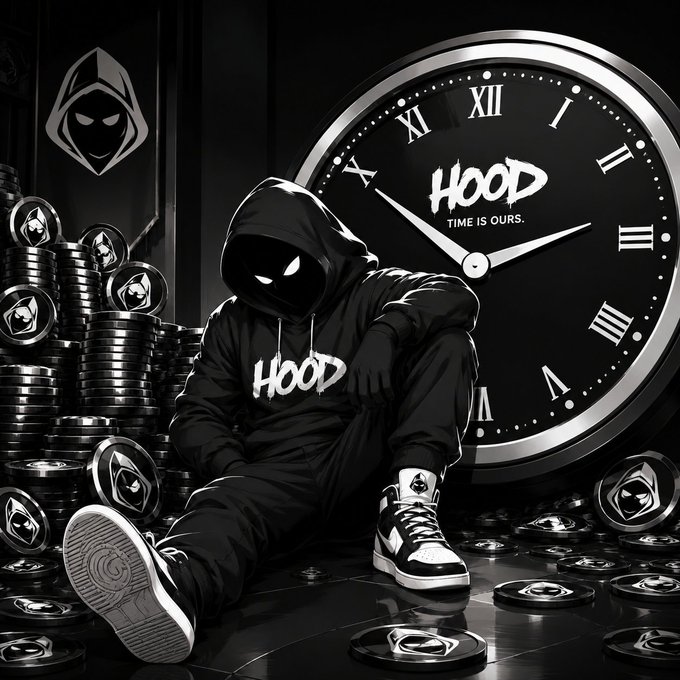 A shadowy hooded figure sits among piles of branded "$HOOD" coins in front of a large clock displaying "HOOD TIME IS OURS," visually reinforcing the post's announcement of the upcoming $HOOD token presale launching September 1 at 12:00 UTC, with limited Phase 0 access for 3,000 holders.