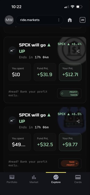 A mobile screenshot of the ride.markets app showing two closed "SPCX will go UP" prediction positions with profits taken—$12.71 PnL on a $10 position and $9.77 PnL on a $49 position—supporting the post's claim of securing profits on SpaceX trades while showcasing the platform's ability to bank earnings early.