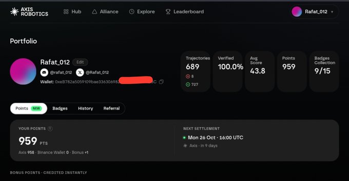 An Axis Robotics portfolio dashboard for user 'RafaT_012' displaying 959 Points, 9/15 Badges Collection, an Avg Score of 43.8, and a next settlement on Mon 26 Oct.
