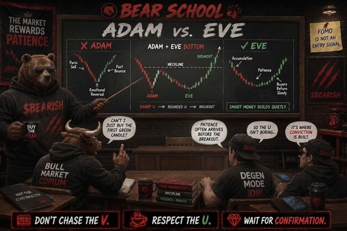 A 'Bear School' themed meme diagram titled 'ADAM vs. EVE' compares stock market patterns, featuring bearish bears teaching 'Degen Mode Jon!' to respect the U-shape and wait for confirmation before breakout.