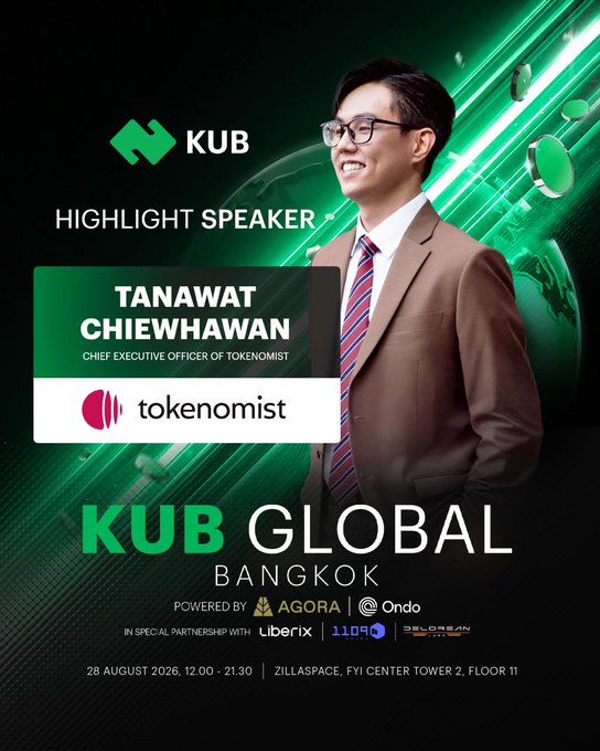 A promotional event poster for 'KUB GLOBAL BANGKOK' featuring a photo of Tanawat Chiewwhawan, CEO of Tokenomist, with the event date listed as 28 August 2026.