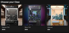 A digital storefront interface titled "Choose your Claw" displaying three different virtual claw machines with labels "Platinum 700," "Silver 500," and "Krypton X."