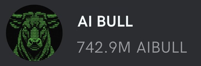 The image shows a promotional banner for an "AI BULL" airdrop featuring a green digital bull's head, displaying "742.9M AIBULL" tokens. It aligns with the accompanying post announcing a giveaway of 125,000 $AIBULL tokens per wallet to the first 500 participants who share their Solana address.