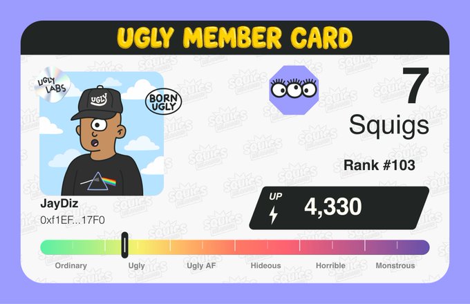 An 'Ugly Labs' member card titled 'UGLY MEMBER CARD' for user 'JayDiz' (0x1EF...17F0) with 7 Squigs, Rank #103, 4,330 UP, and an ugliness rating scale pointing to 'Ugly'.