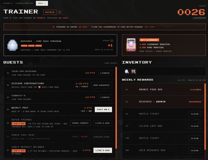 A 'Trainer' dashboard for 'Season 2' of Founders Solicitors, ranked 'Brownie' at 0026, showing quests like 'Join the Discord' and weekly rewards including Bronze Food Box, Silver Loot Box, and Gold Resource Box.