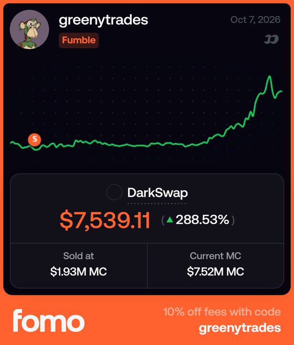 A Fomo app trade card shows user "greenytrades" sold the "Fumble" memecoin on DarkSwap at a $1.93M market cap for $7,539.11, which would have grown 288.53% to a current market cap of $7.52M—illustrating the frustrating "what could have been" moment the caption references about crypto's endless stream of missed opportunities.