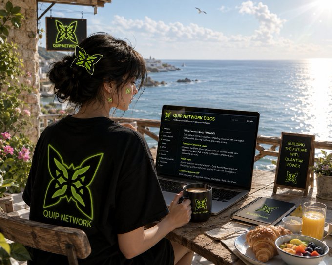 A woman with butterfly hair accessories and a 'QUIP NETWORK' branded shirt sits at a seaside table working on a laptop, alongside a coffee mug, notebook, and a sign reading 'BUILDING THE FUTURE WITH QUANTUM POWER'.