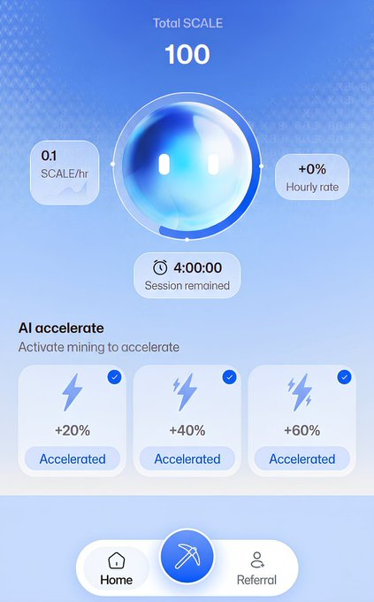 The image displays a mobile mining app interface showing a Total SCALE of 100 with 0.1 SCALE/hr mining rate, 4:00:00 session time remaining, and three accelerated mining options (+20%, +40%, +60%). This app interface represents the mining platform mentioned in the post for earning $Grey tokens in preparation for GreyNetwork's second migration on their Layer 1 blockchain project.