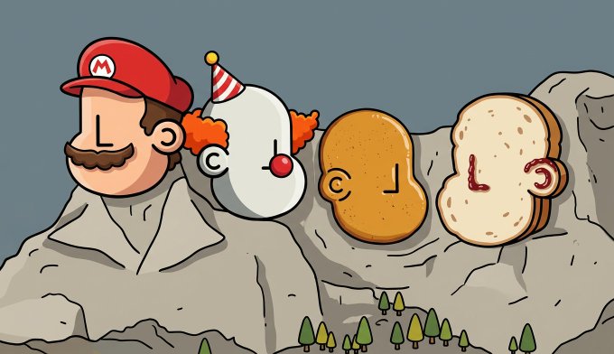An illustration parodying Mount Rushmore with a Mario head, a clown head, a potato head, and a slice of bread with an 'L' on it carved into a mountain, above a small forest.